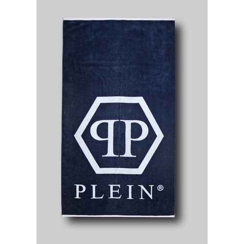 Philipp Plein Large Cotton Beach Towel Navy Blue Octagon Logo 180x100cm