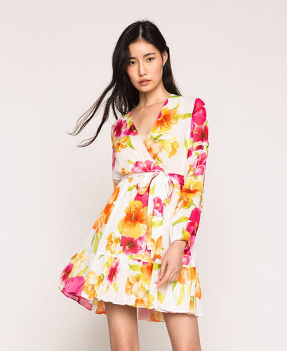 TWINSET Womens Floral Georgette Dress White Hibiscus Print Viscose