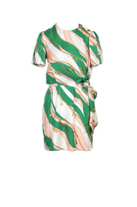 ELISABETTA FRANCHI Summer Mini Dress Green White 100% Silk