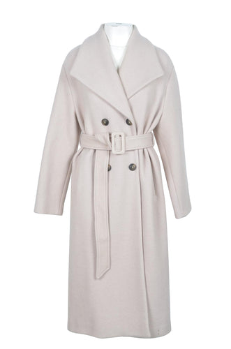 PINKO Women's Woolen Coat Beige with Belt and Buttons Under Knee
