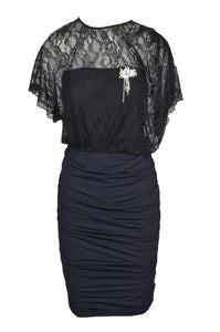 PINKO Black Dress "ELENIO" with Lace and Crystal Pin