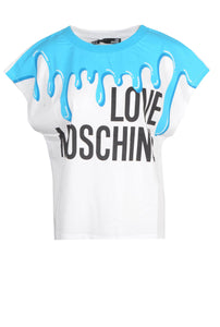 LOVE MOSCHINO Women's T-shirt White Cotton Short Sleeve Relaxed Fit Blue