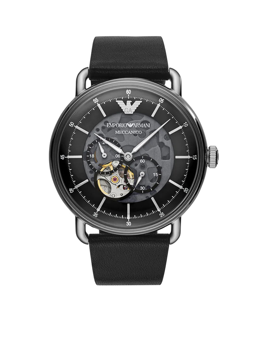 Emporio Armani AR60026 Meccanico Automatic Men's Watch Black Leather Strap