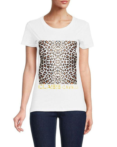 Cavalli Class Womens Cotton White Tshirt with Leopard print and Logo