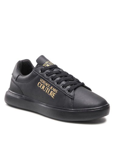 VERSACE JEANS COUTURE Womens Black Leather Sneakers with Logo