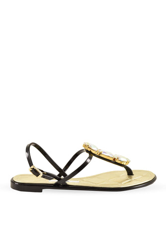LORIBLU Flat Sandals with Crystals Black and Gold